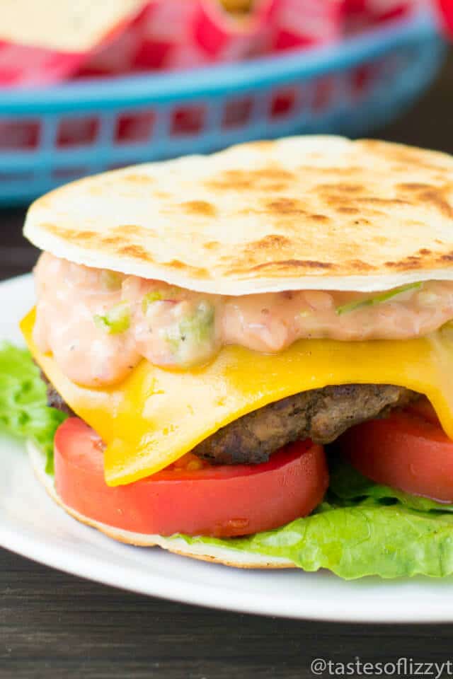 A quesadilla burger made with meat patty, cheese and mayo.