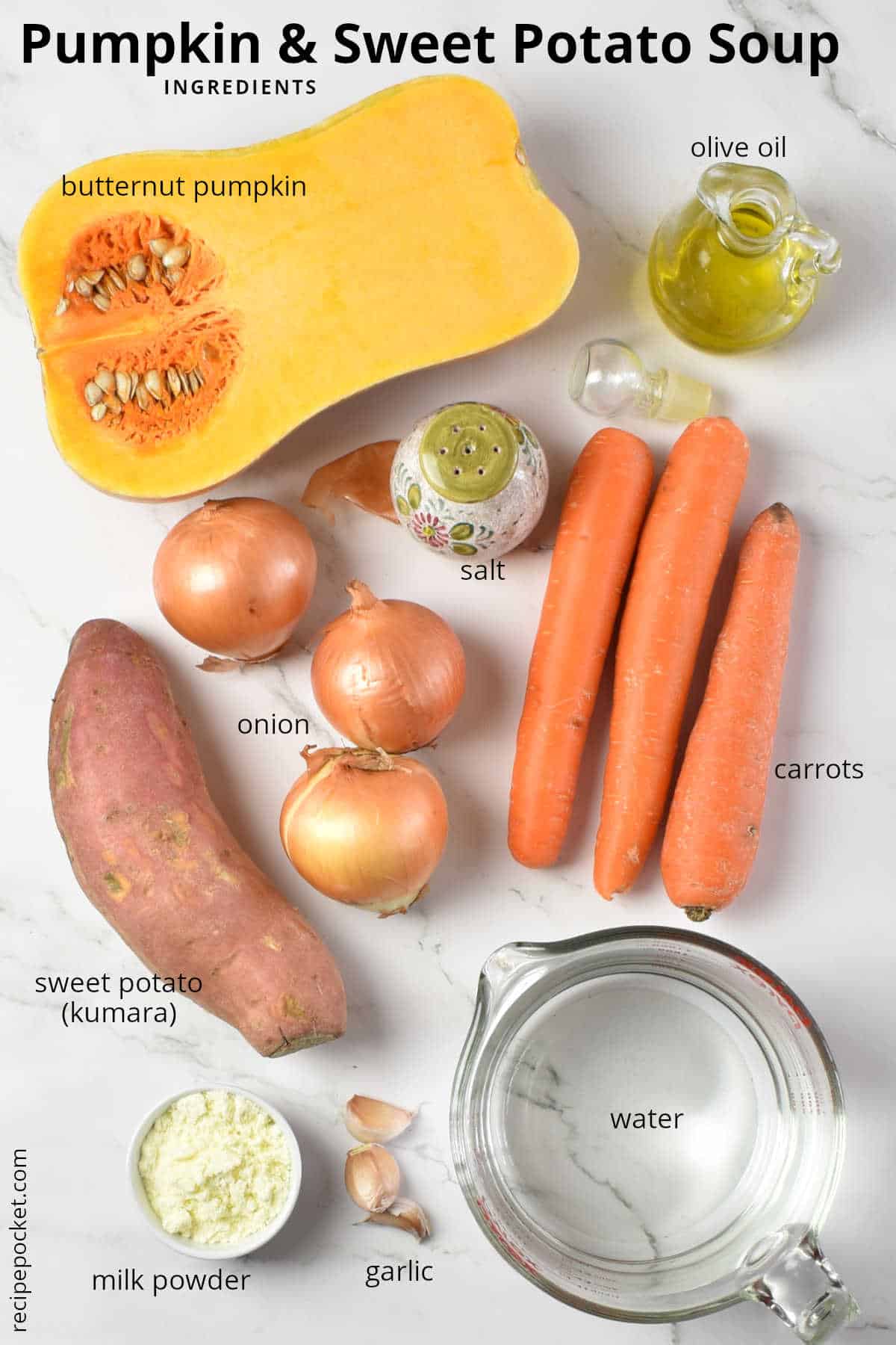 Picture showing butternut pumpkin, carrots, onions and sweet potatoes.