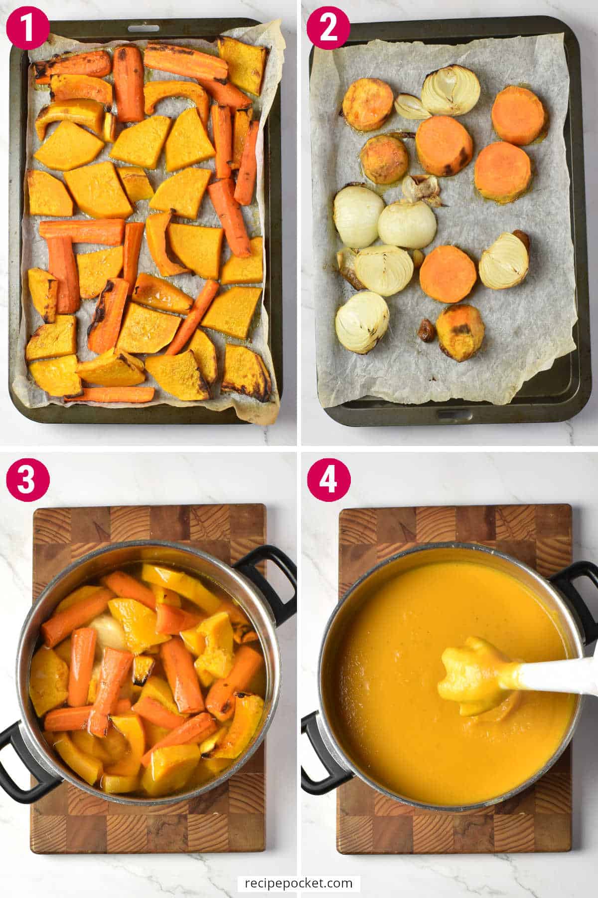 Image collage showing roasted vegetables on a tray, in a saucepan before cooking and being pureed with a stick blender.