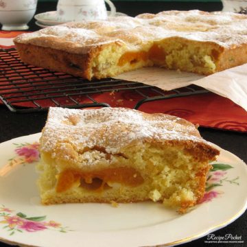 Apricot cake on a plate.