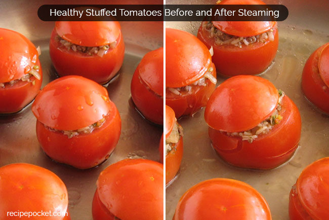 tuffed tomatoes in pan to be steamed.