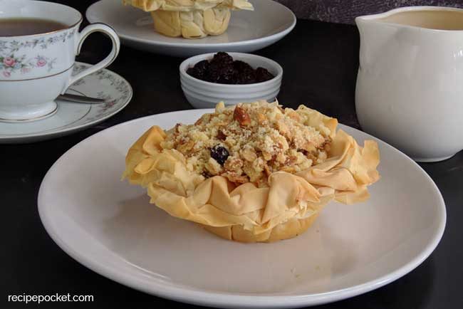 Apple and blackberry crumble filo pastry pies