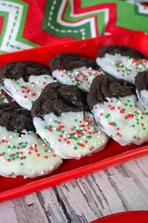 Dark chocolate cookied dipped in white chocolate with sprinkles.