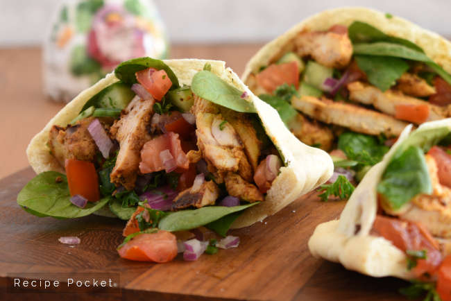 Chicken and salad pita sandwich.
