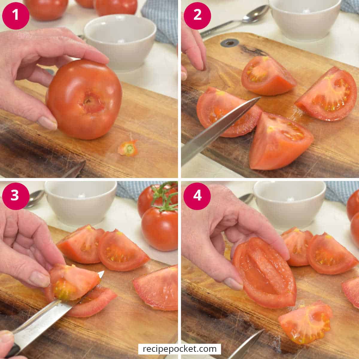 Four part image showing seeds being remove for quarters slices of tomatoes.