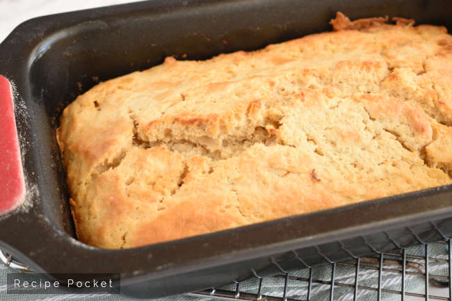 Image showing cooked loaf of beer bread in loaf pan.