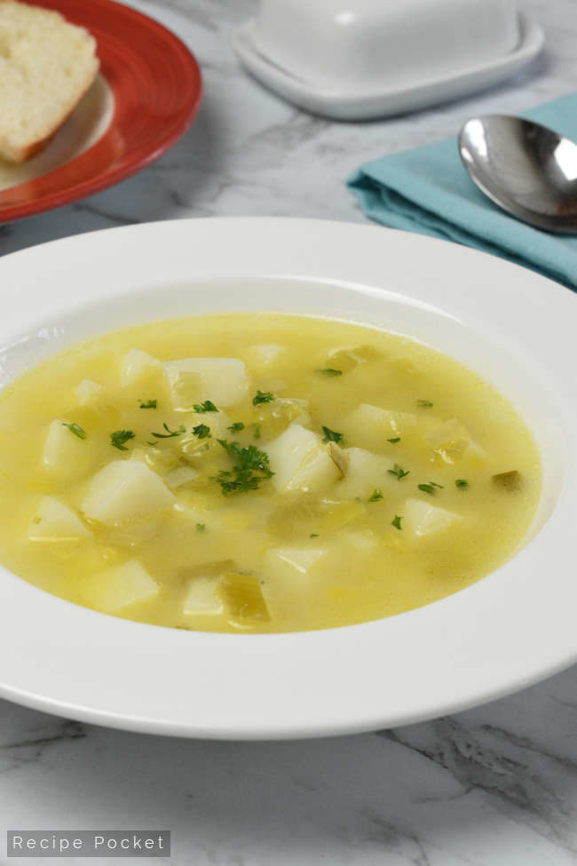 Easy potato soup recipe in a bowl.