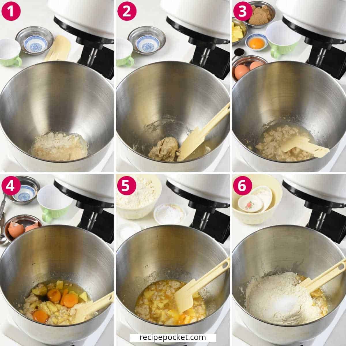 Six part image showing the first steps of make bread rolls in a stand mixer.