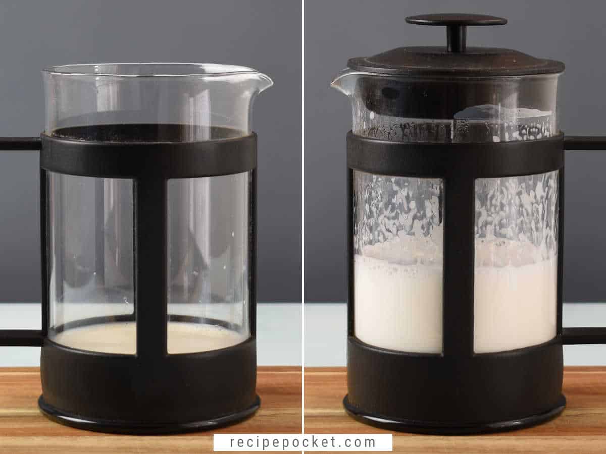 Image showing milk in a coffee plunger before and after frothing.
