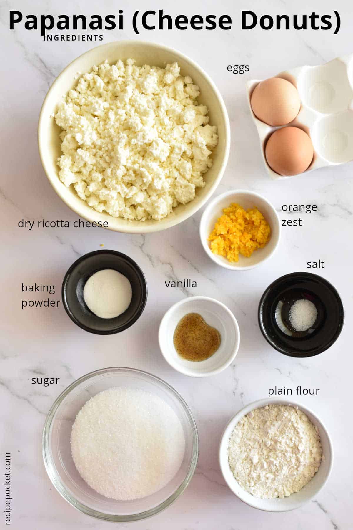 A photo showing the ingredients to make papanasi.