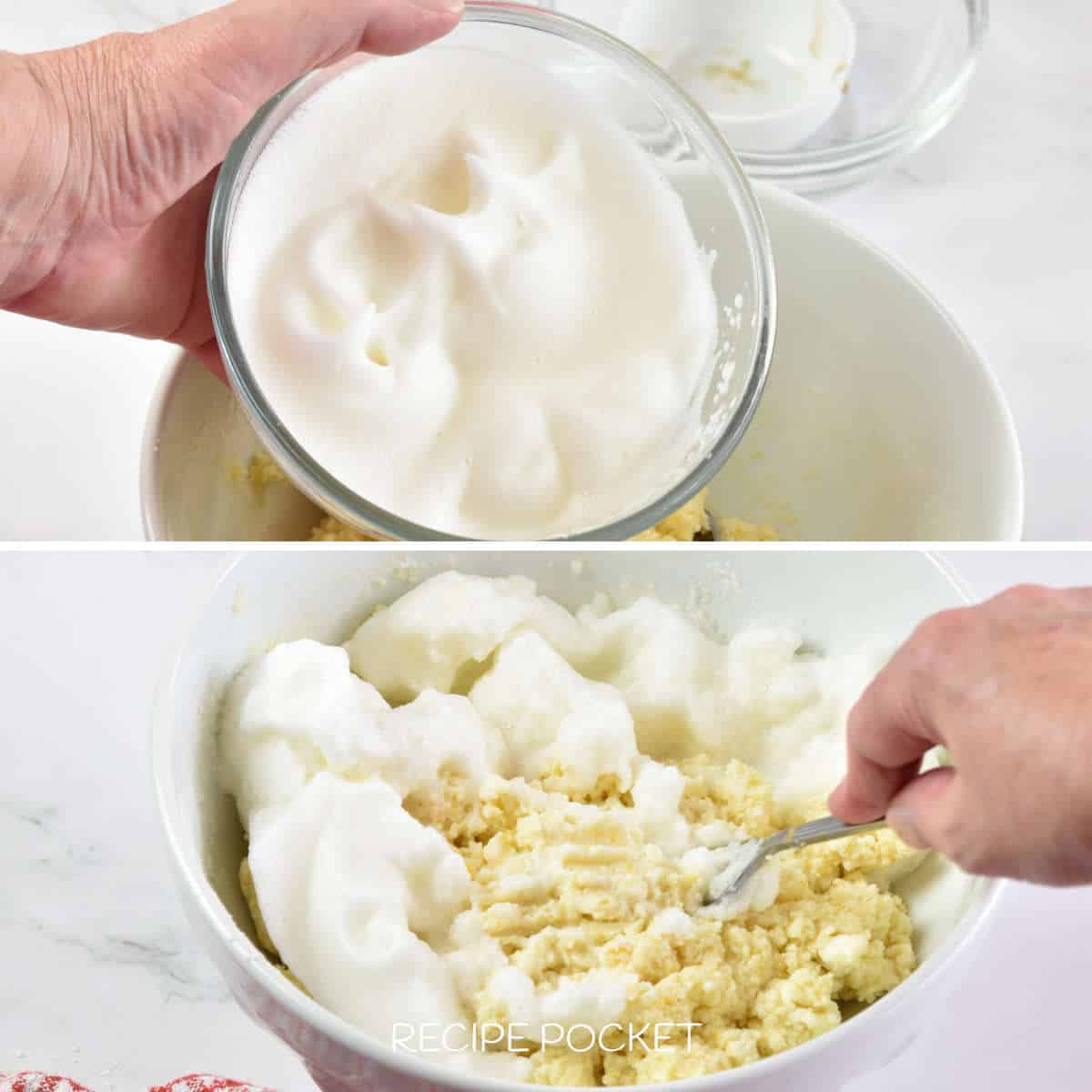 Egg white being mixed into ricotta mixture.