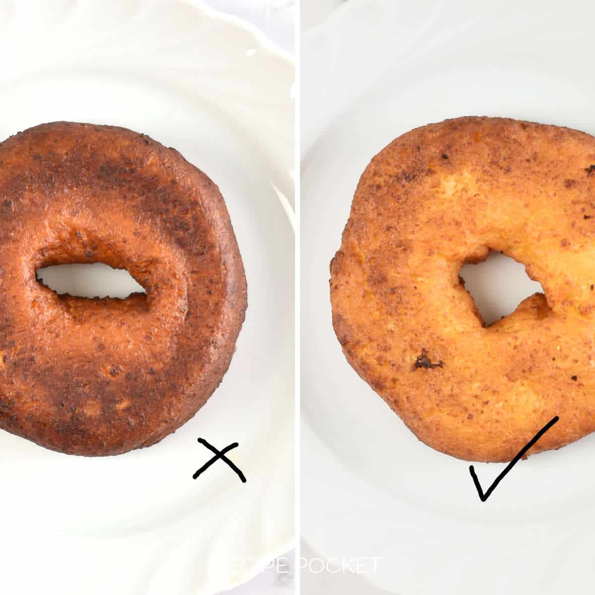 Image showing and over cooked donut and a properly cooked donut.