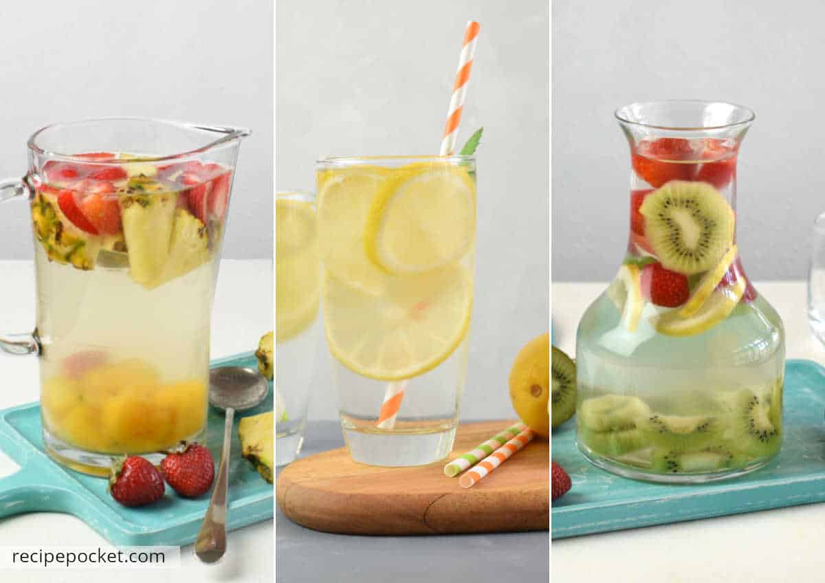 Pineapple infused water in a jug, lemon infused water in a glass and kiwi fruit infused water in a caraf.