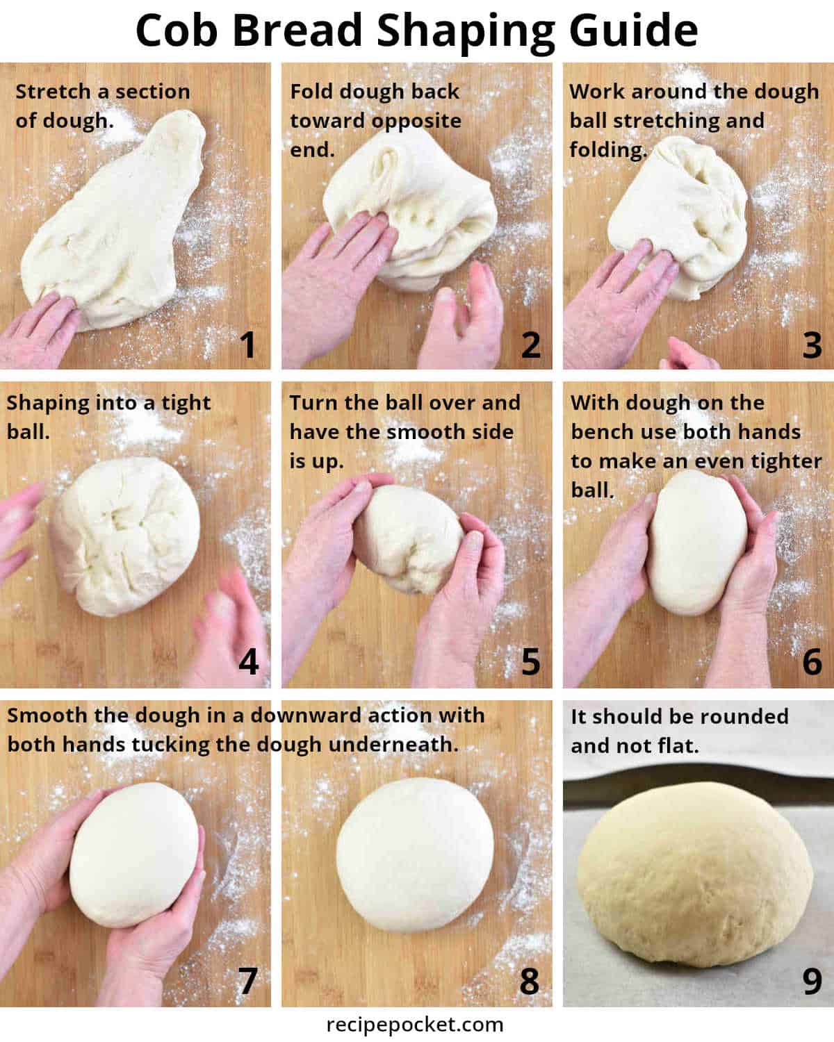 An image guide that shows how to shape the dough for cob bread before baking.