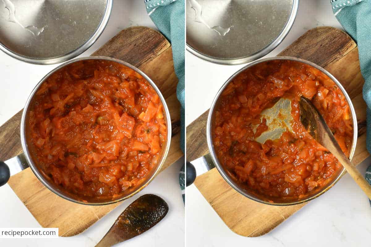 Picture showing Napoli sauce before and after cooking.