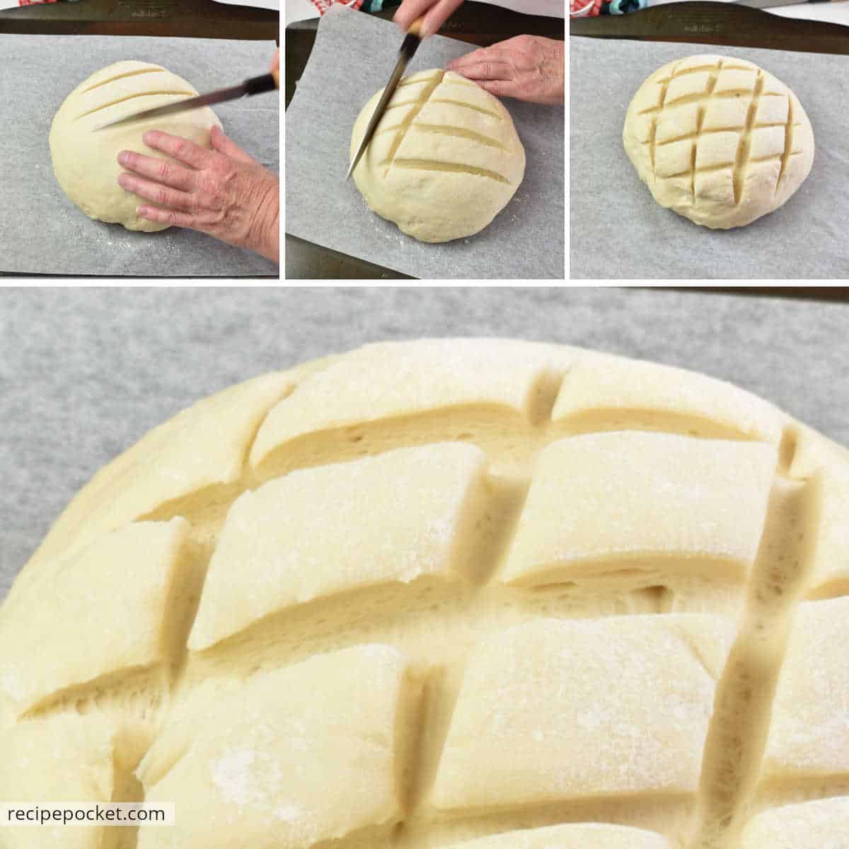 Cob bread dough the a diamond pattern cut into the dough.