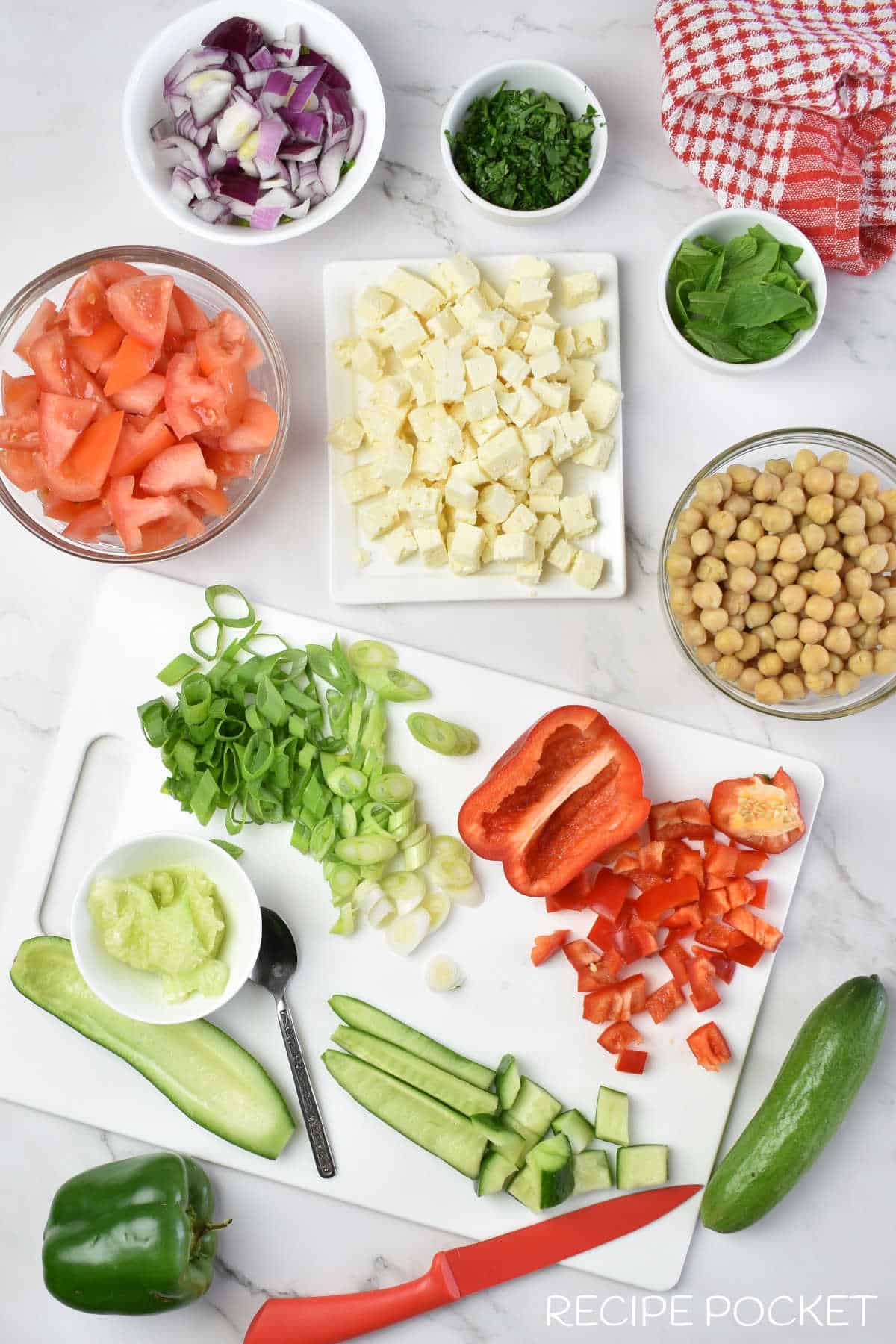 Images showing chopped veggies on a white cutting board.