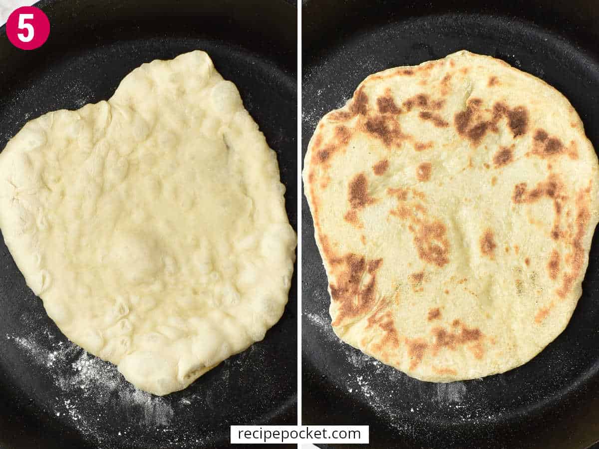 Image showing both sides of a naan being cooked in a cast iron skillet.