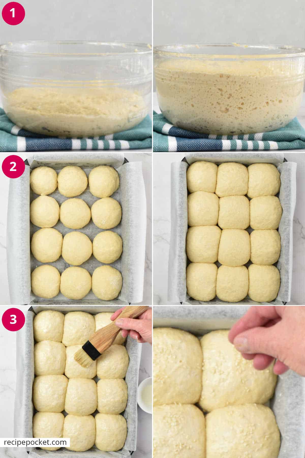 Image collage showing bread dough in a bowl, dough shaped in to balls and dough balls being brushed with milk.