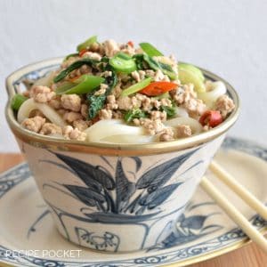 Pork mince stir fry with noodles in a bowl.