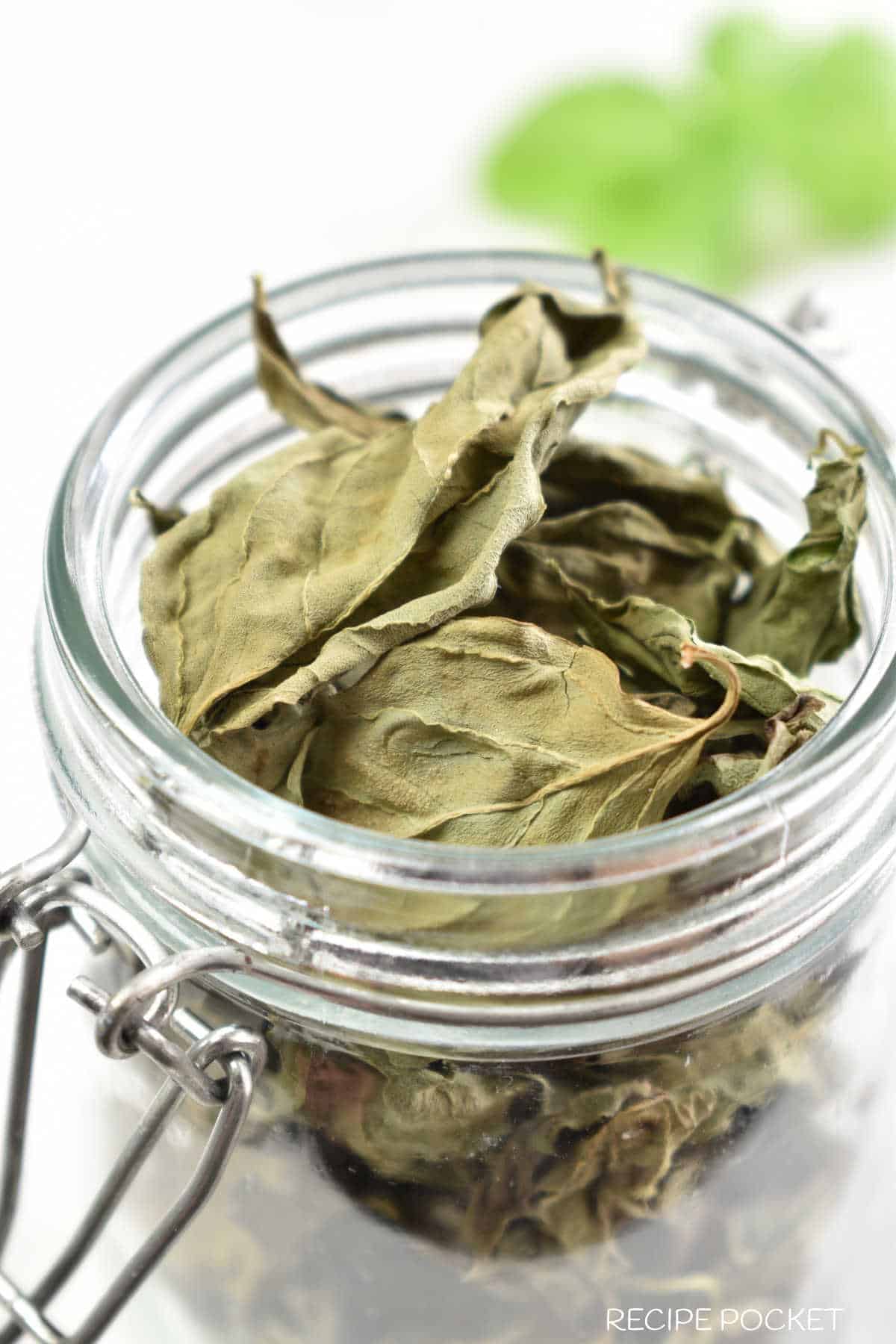 Whole dried basil leaves in a jar.