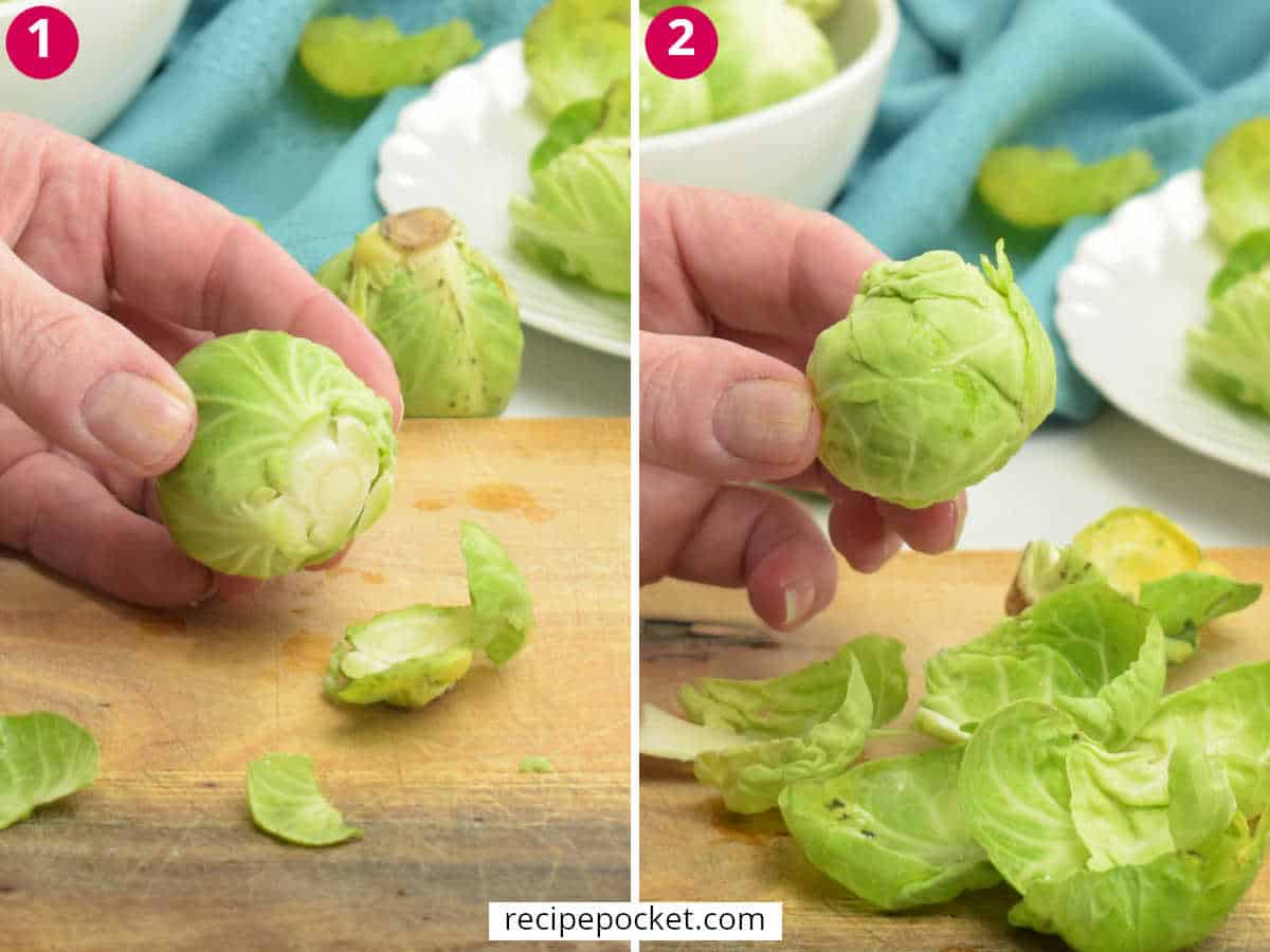 Image showing step 1 and 2 for how to prepare Brussel sprouts for cooking.