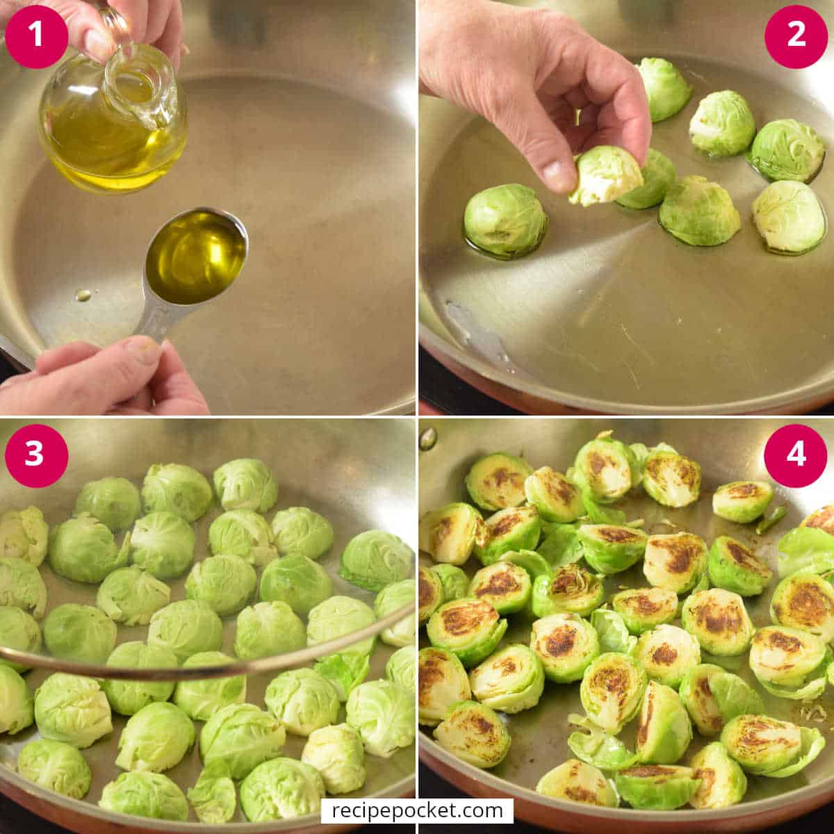 Four part step by step image showing the first steps of cooking Brussel sprouts.