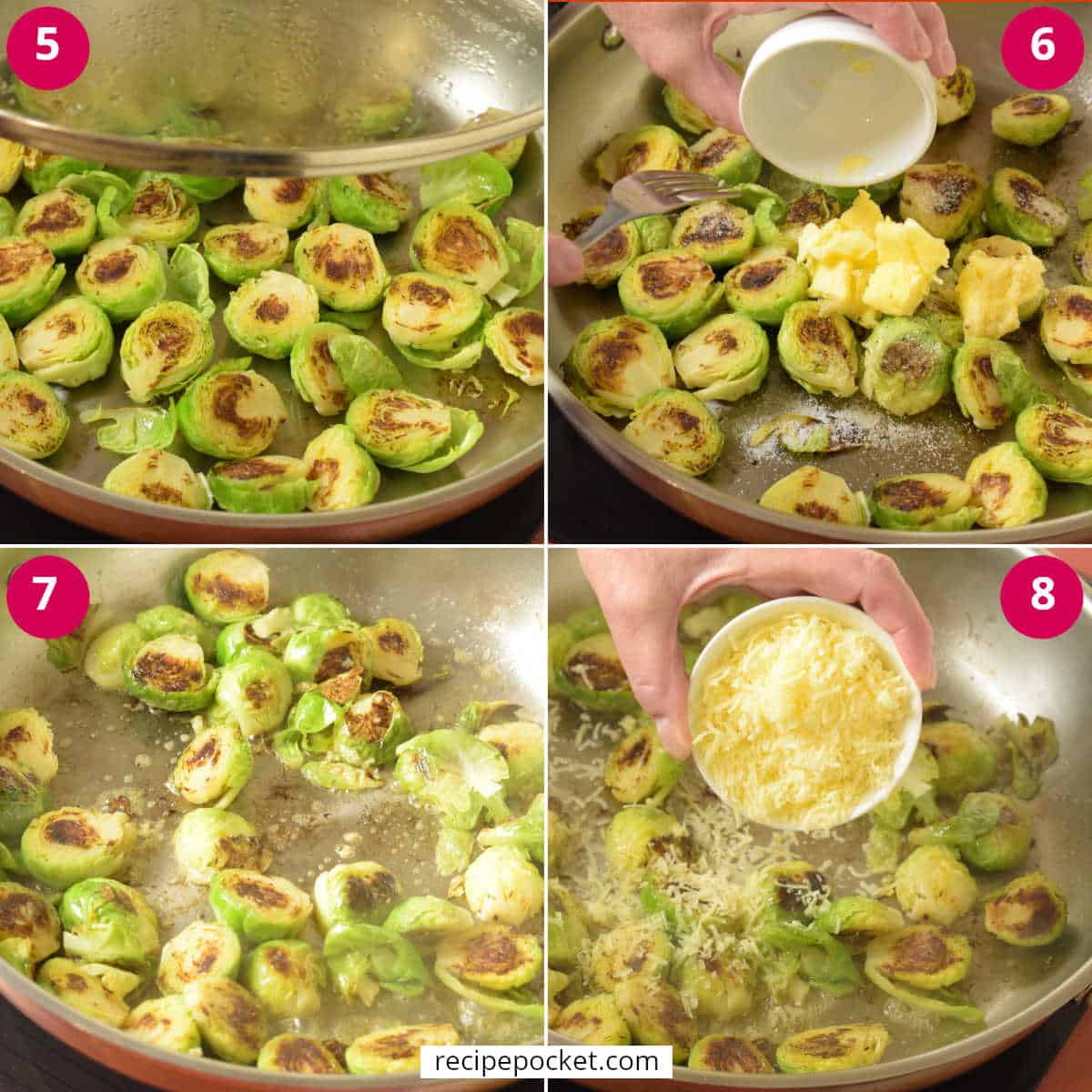 Four part image showing cooked Brussel spouts with and without cheese.