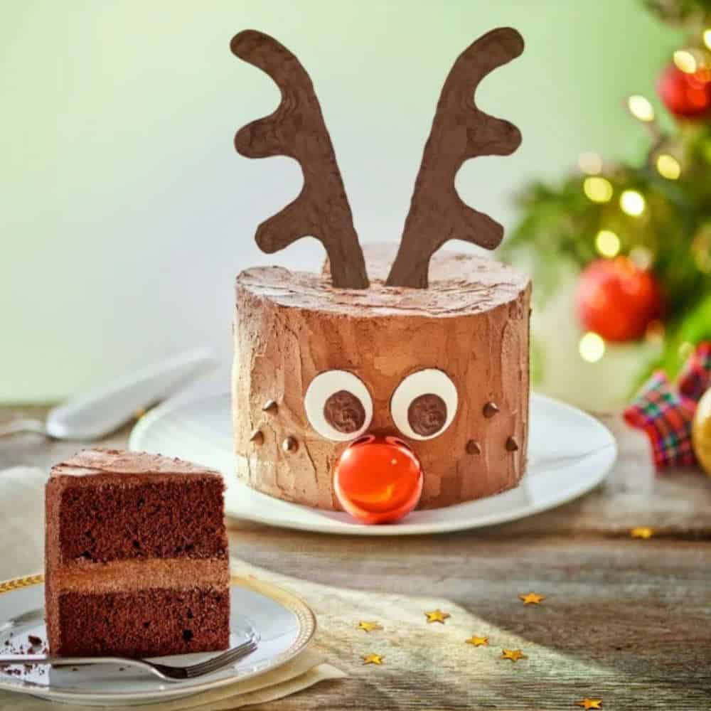 Cake made to look like Rudolph the red nosed reindeer.