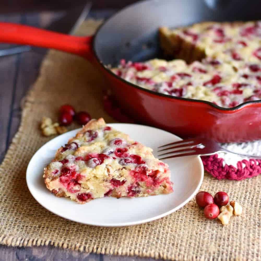 Cranberry cake in a skillet.