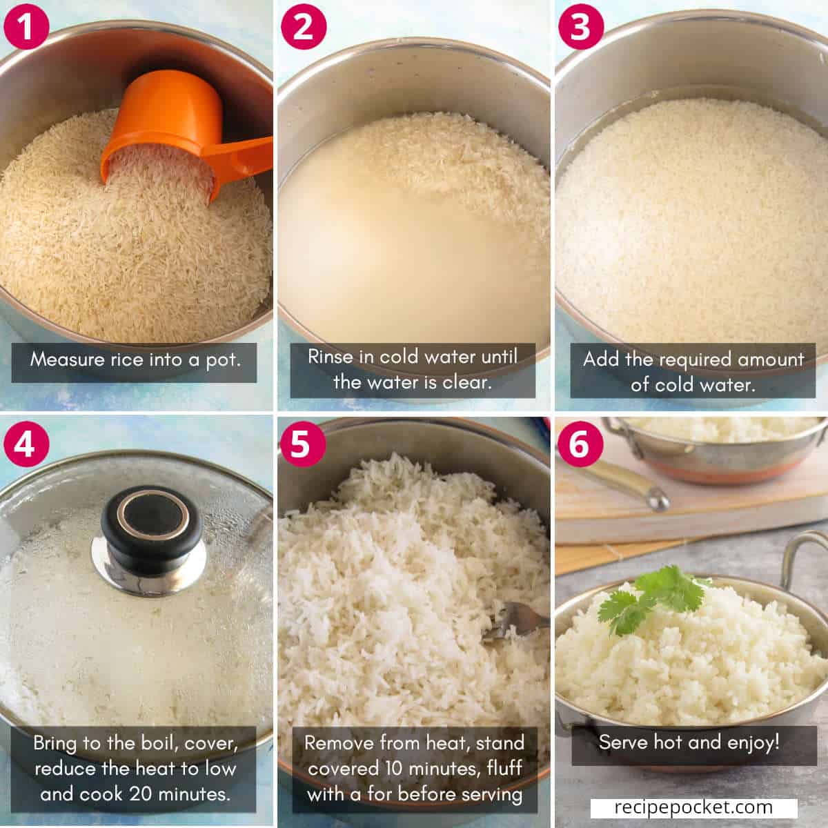 Step by step image showing how to cook basmati rice.