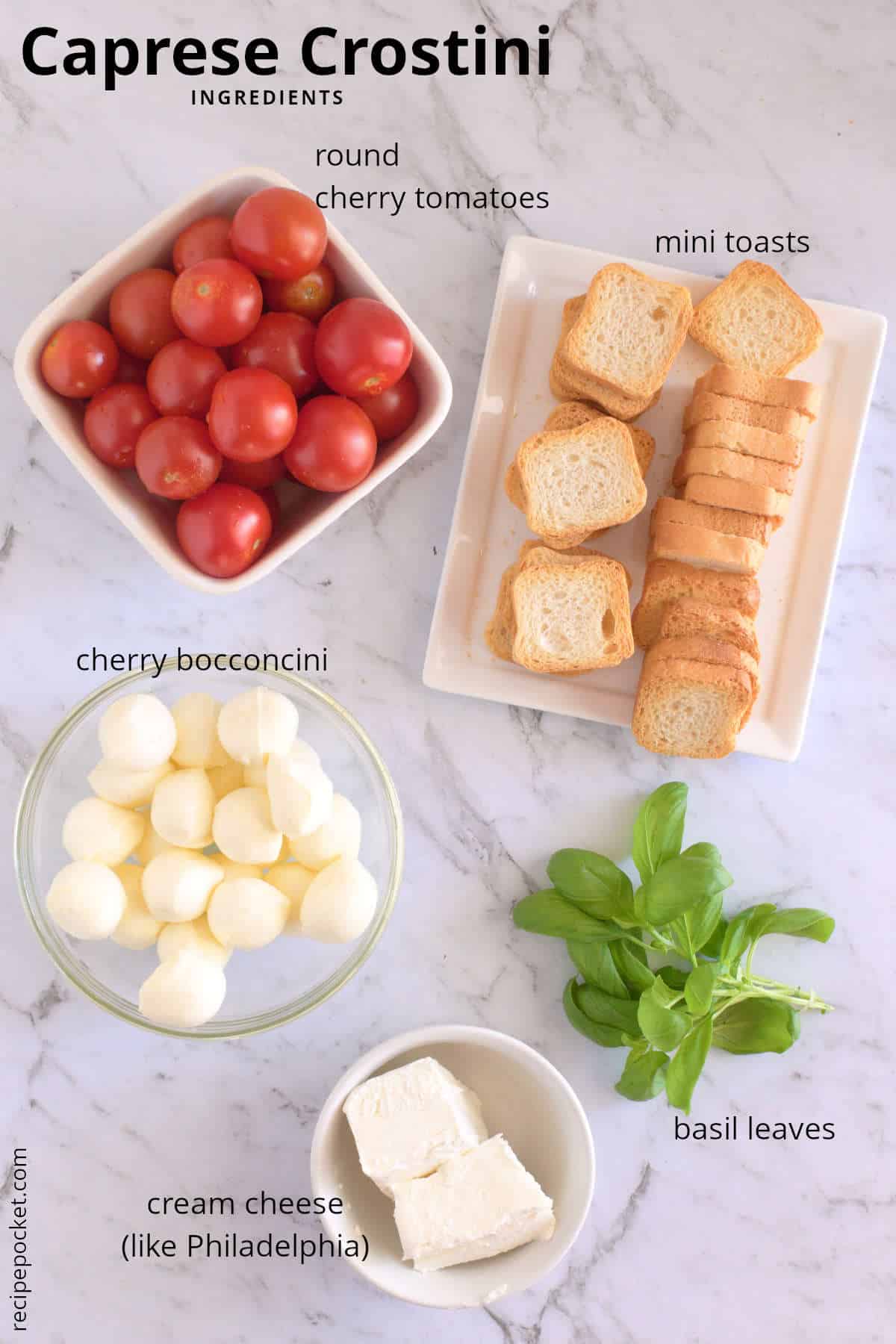 Image of the ingredients needed to make this recipe for caprese crostini.