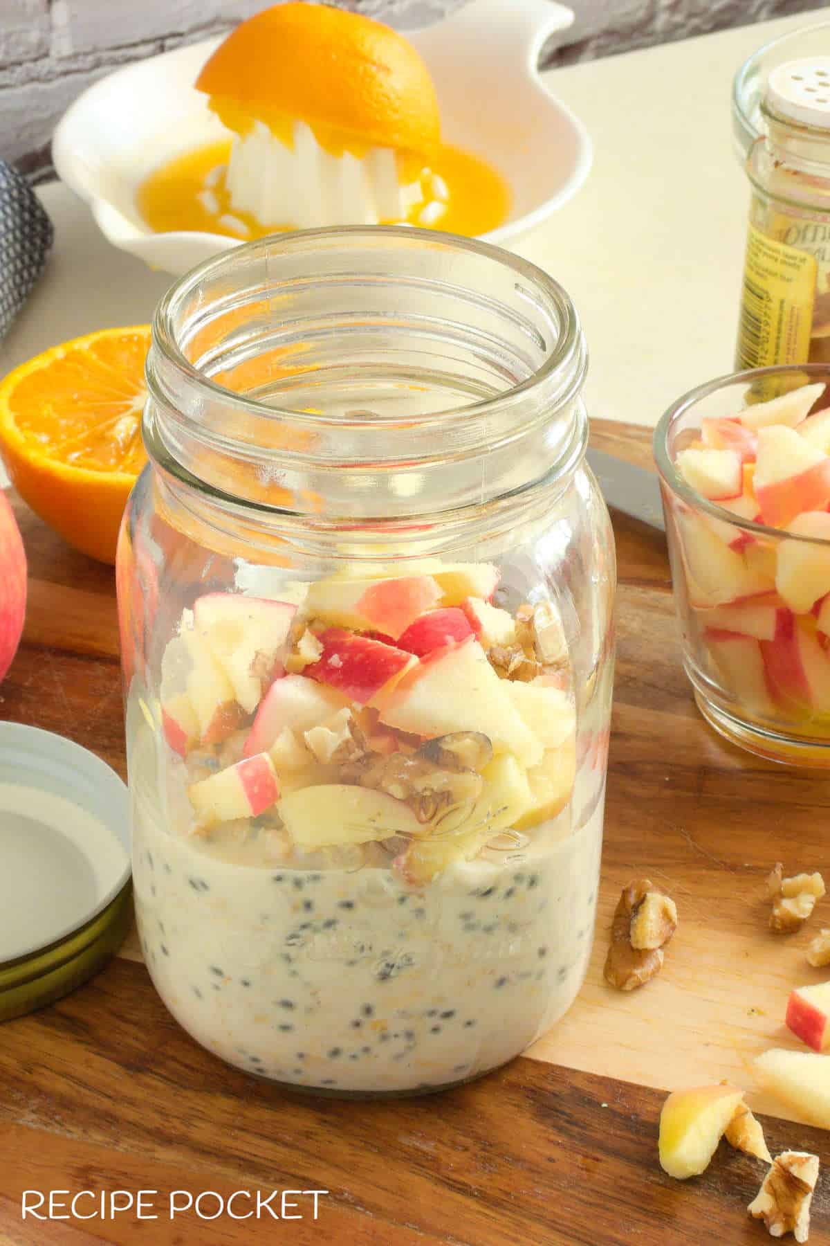Overnight oats with topping in a screw top jar.