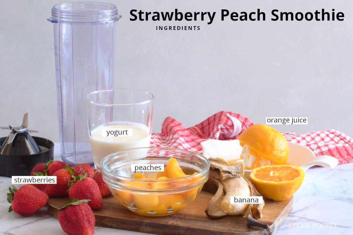 Image of ingredients needed to make a strawberry and peach smoothie.