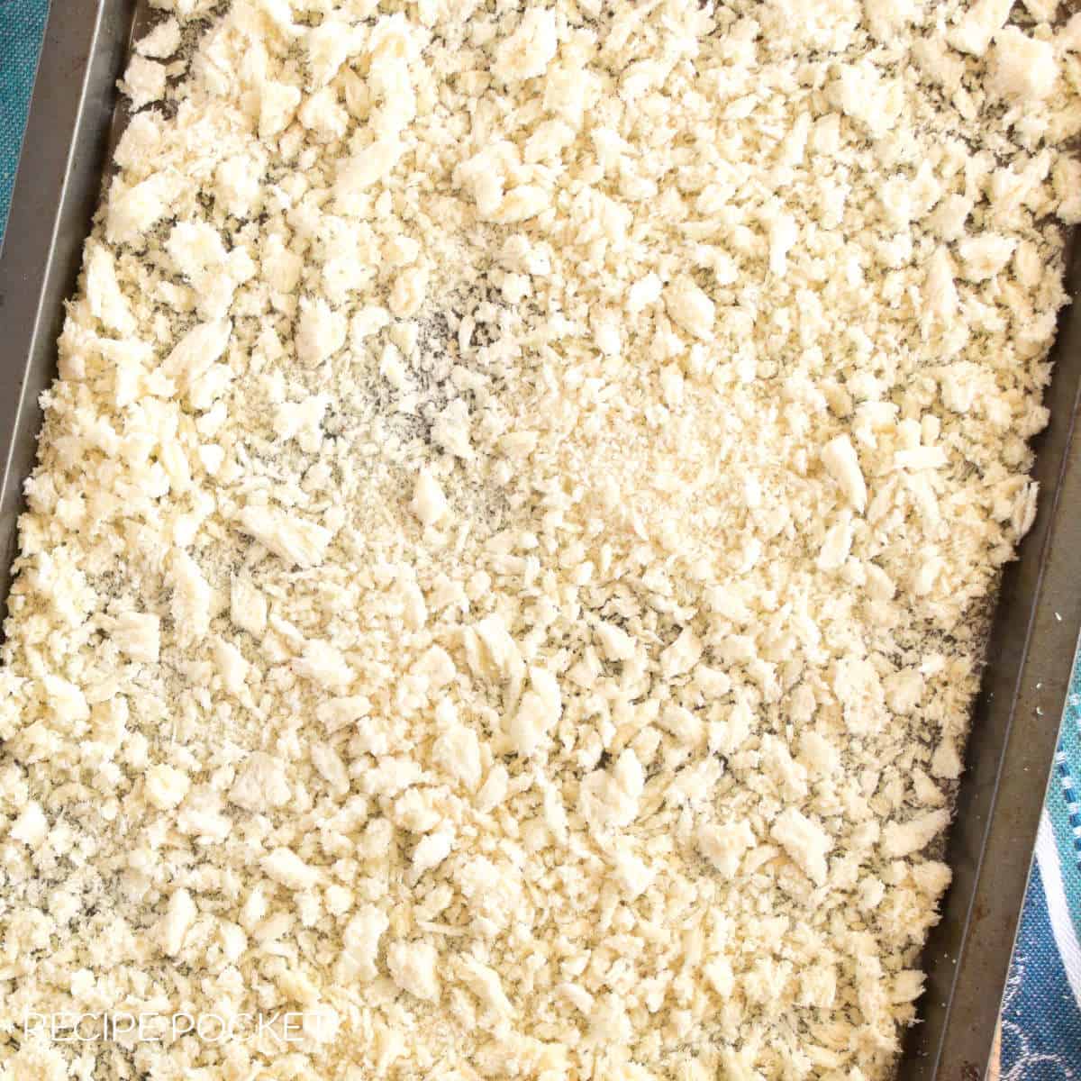 A tray of oven dried bread crumbs.