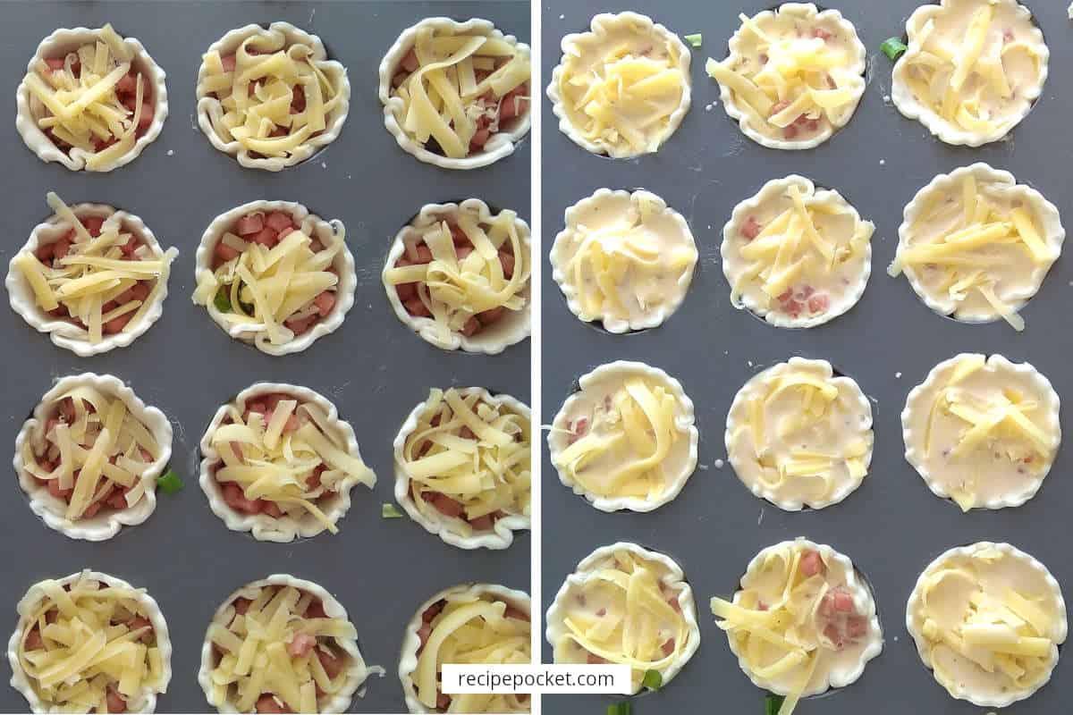 Side by side image of puff pastry in mini muffin tin with a dry and wet filling.