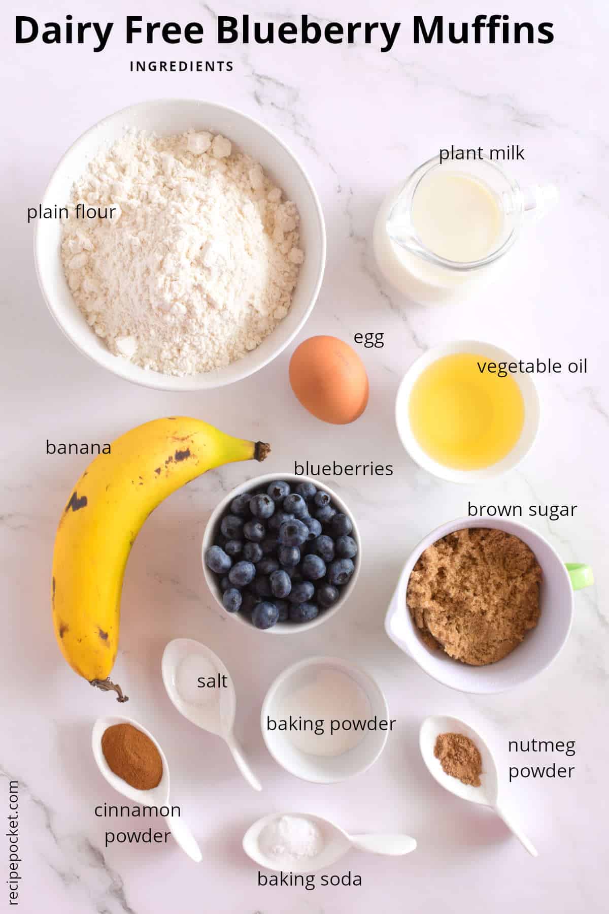 Ingredient image for dairy free blueberry muffins.