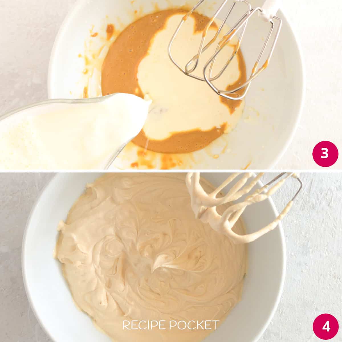 Image collage showing whipped dulce de leche and cream.