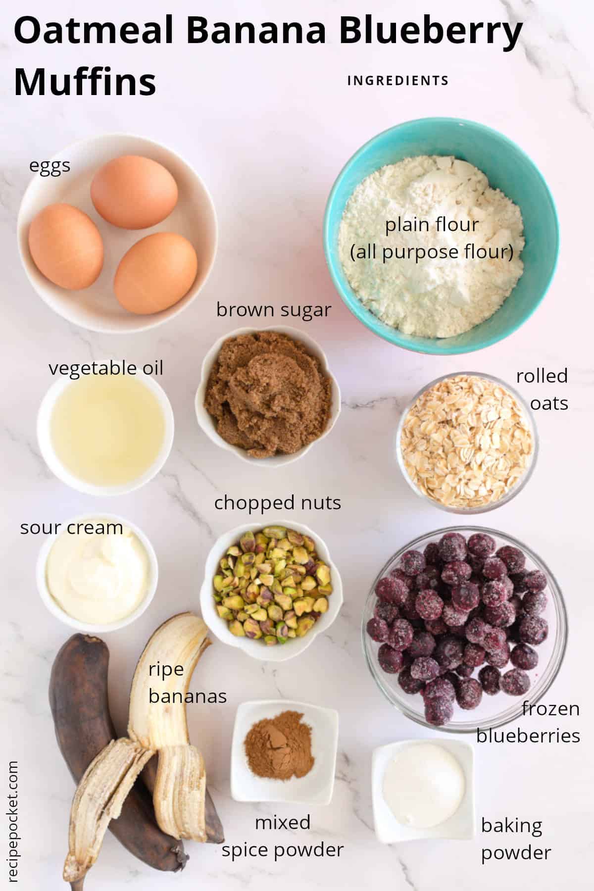 Image of ingredients used to make oatmeal banana and blueberry muffins.