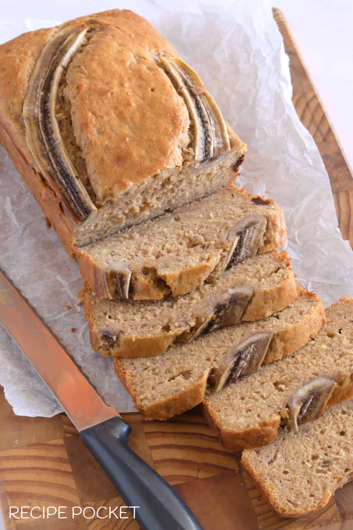 A top view image showing banana bread cut into slices.