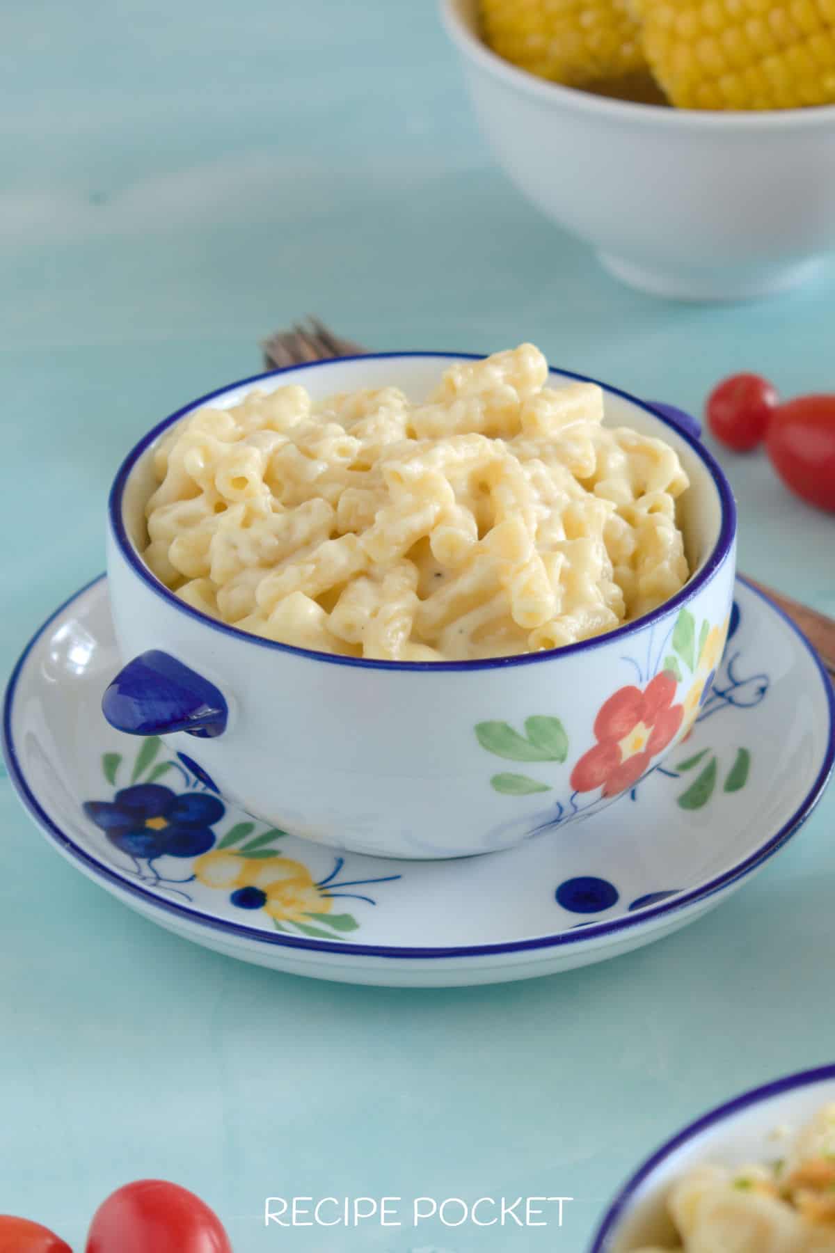 A bowl full of mac and cheese.