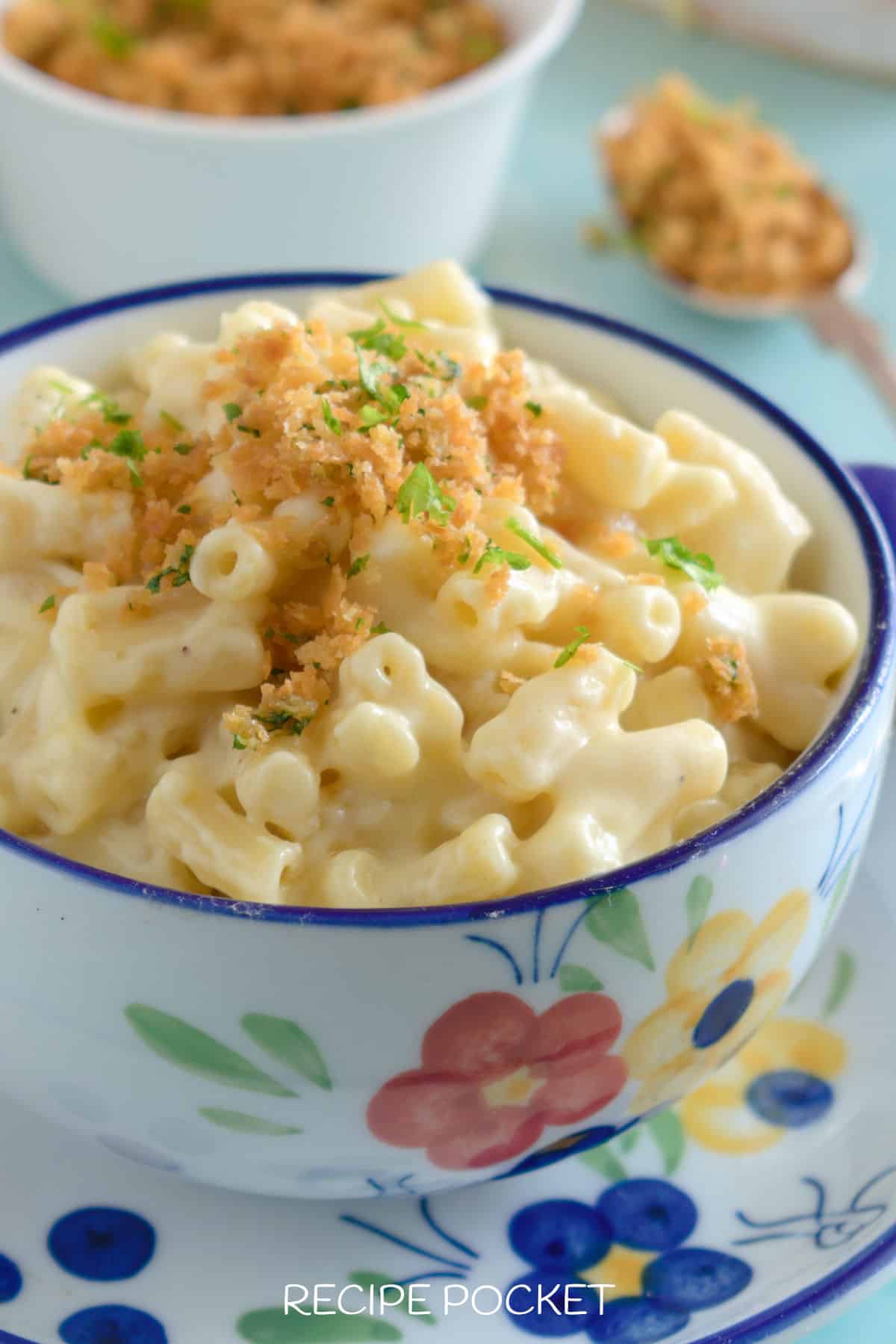 Closeup of mac and cheese in a bowl.